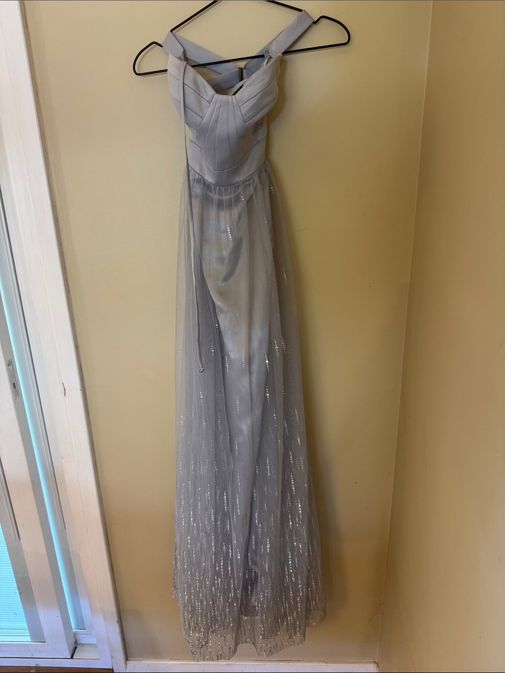 Adrianna Papell Silver Sparkle Pleated Bodice Maxi Dress